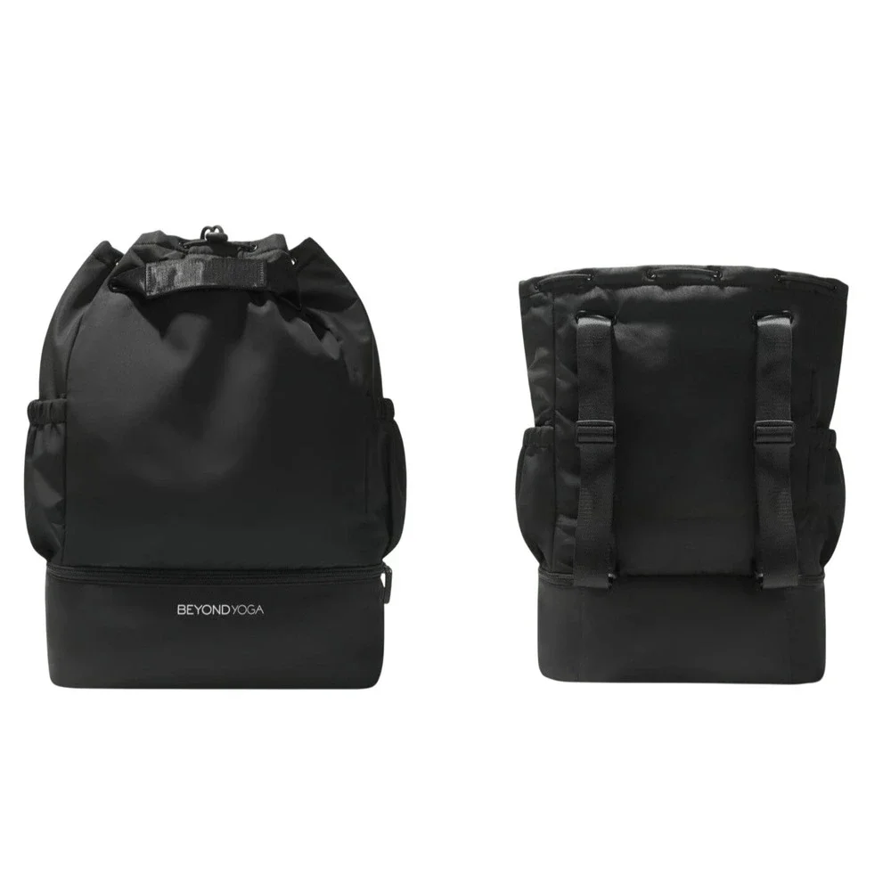 Black Drawstring Beyond Yoga Gym Backpack Convertible Unisex Bag
